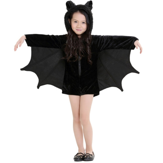 Black bat-wing costume romper with plush hood for children, front view, arms out
