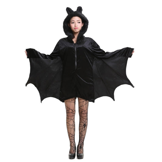 Black bat-wing vampire costume with hooded hat and mesh fishnet leggings