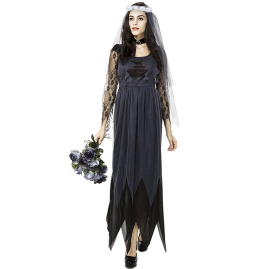 Ghost bride dress with lace sleeves, tulle veil, dark gray-black maxi skirt