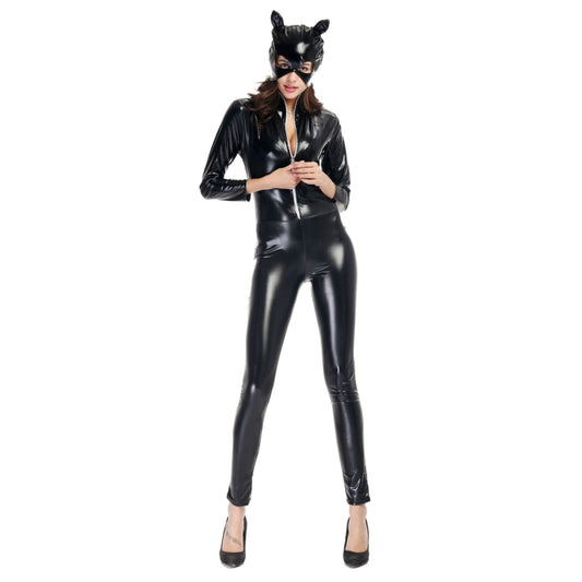 Glossy black cat-eared jumpsuit costume with zipper front and long sleeves