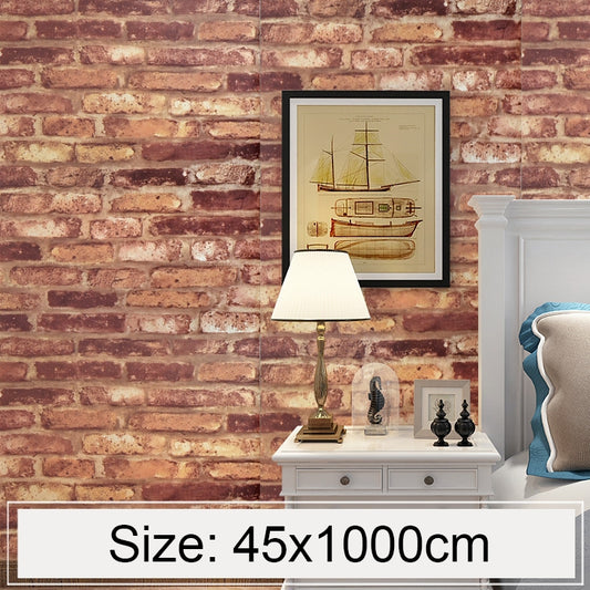 Brick-pattern 3D wallpaper roll with red-brown distressed stone brick texture