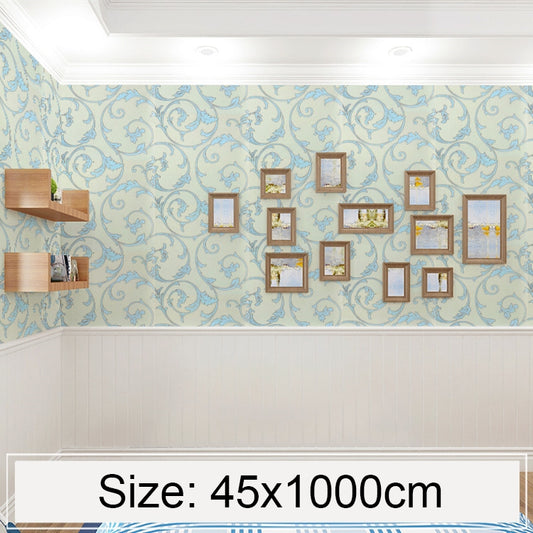 Damask wallpaper roll, light blue and cream with ornate swirling floral pattern