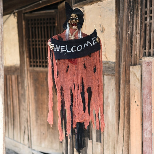 Halloween hanging ghost decoration with skull face, welcome banner, orange shredded fabric