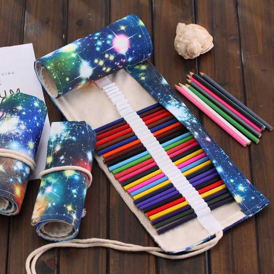 Cosmic galaxy print canvas 72-slot pencil roll, rolled pockets for pencils