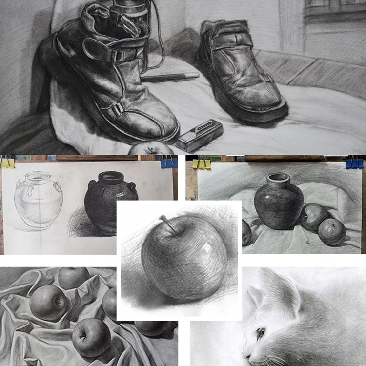 Graphite pencil sketch drawings of objects and still life on paper