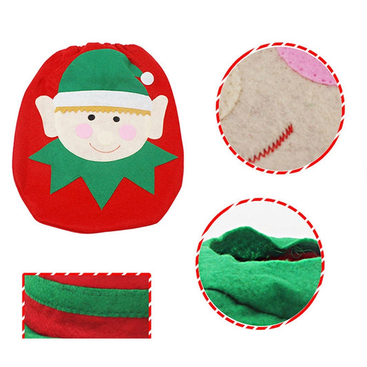 Elf toilet seat cover detail set: smiling elf face and close-up fabric stitching