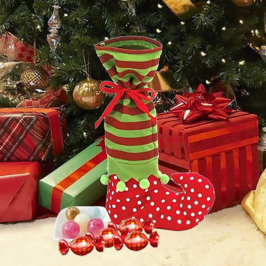 Christmas candy bag stocking with green-red stripes, red bow, and red polka-dot cuff