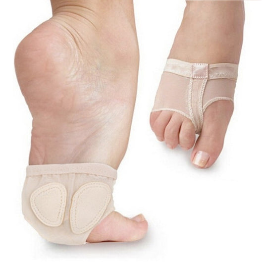 Beige mesh toe pad practice sock sleeve with stitched forefoot pads on toes