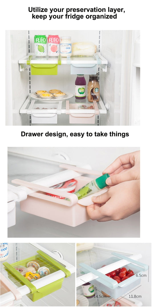 White drawer-style fridge storage rack with pull-out tray and side handle grips