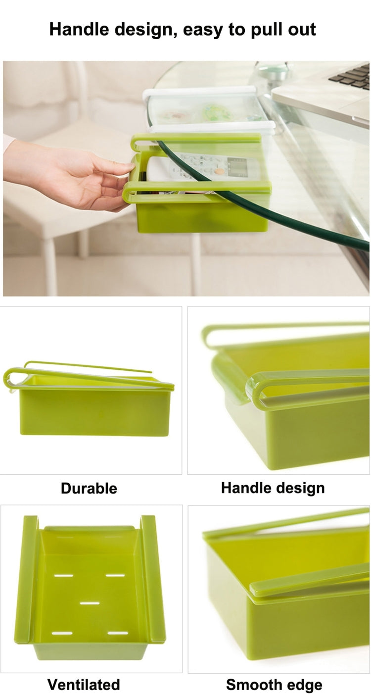 Green drawer-style storage rack with handle design and smooth, rounded edges
