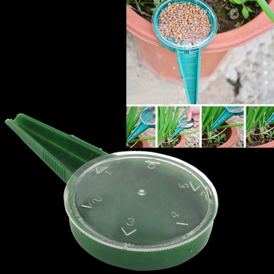 Adjustable green seed sowing tool with clear numbered dispensing dial and funnel