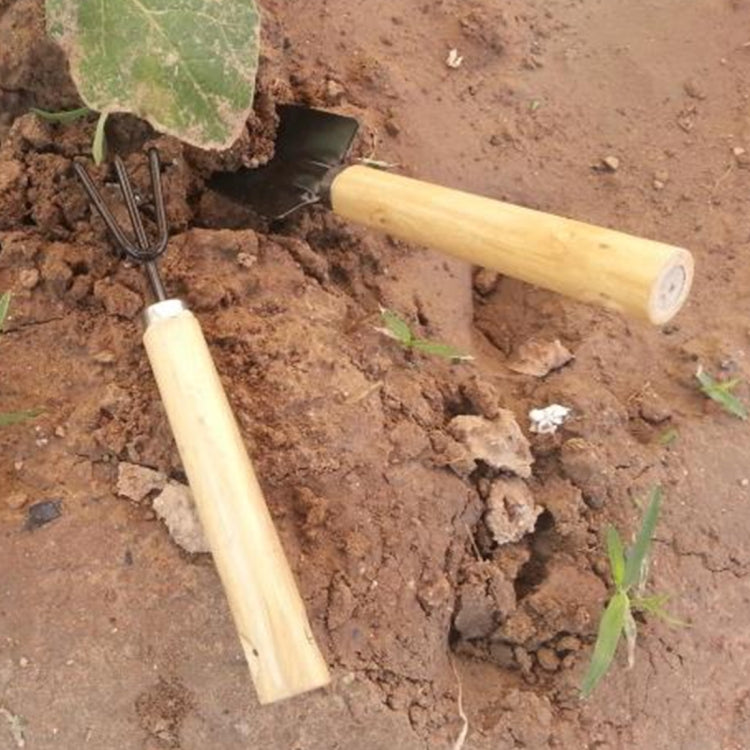 Mini garden rake and fork with light wood handles and black metal heads in soil