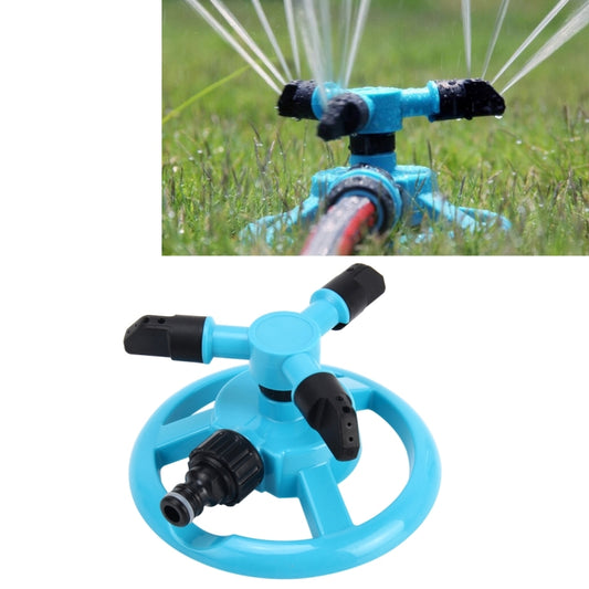 360° rotating garden sprinkler nozzle with blue base and black arms, spraying water
