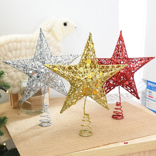 Glitter star tree topper ornaments in gold, red, and silver with hanging loops