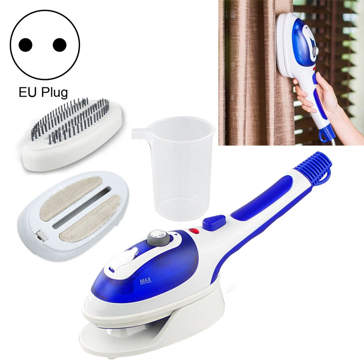 Handheld electric fabric steamer in blue with brush attachments and measuring cup, EU plug