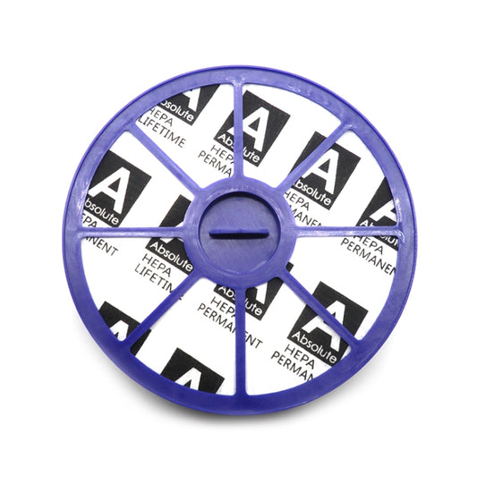 Purple circular HEPA filter core with fan-like spokes and printed filter media