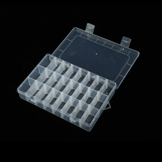 Clear plastic jewelry organizer box with removable grid, 24 slots, lid open