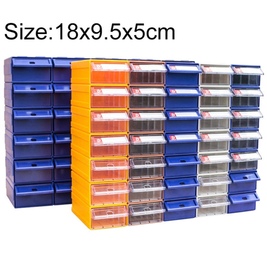 Plastic drawer organizer box with stacked compartments, blue and orange with clear fronts