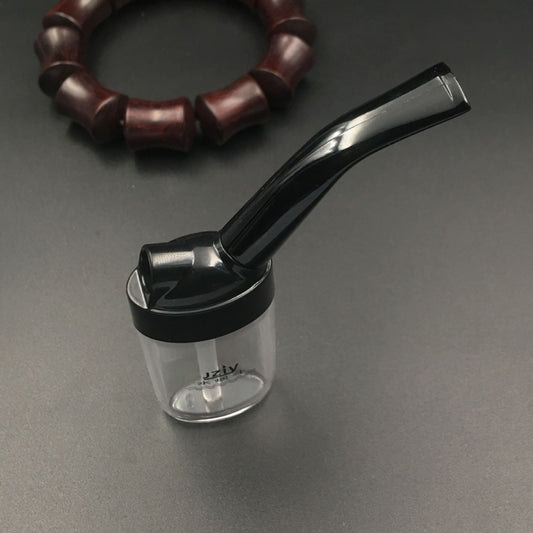 Tobacco rolling machine with black top and clear container, curved spout
