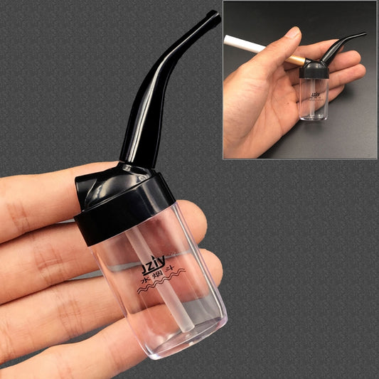 Plastic tobacco cigarette rolling machine with black handle and clear body