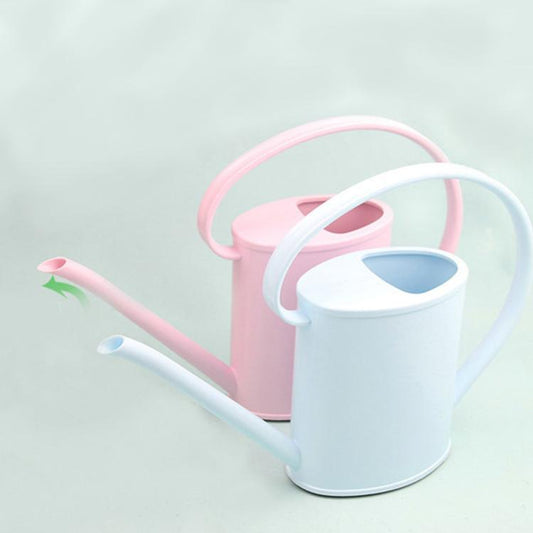 Light blue and pink plastic watering cans with long spouts and loop handles
