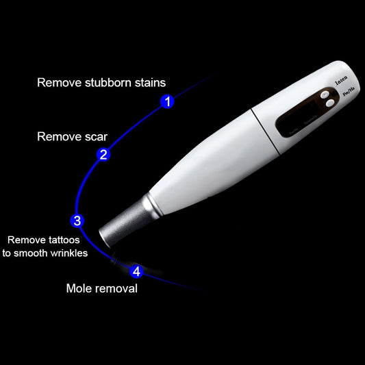 Handheld white laser beauty pen with dark screen and metal nozzle