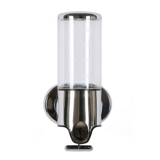 Wall-mounted manual soap dispenser, clear bottle with chrome base and push lever