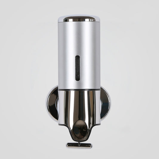 Wall-mounted liquid soap dispenser, brushed silver with vertical outlet slot