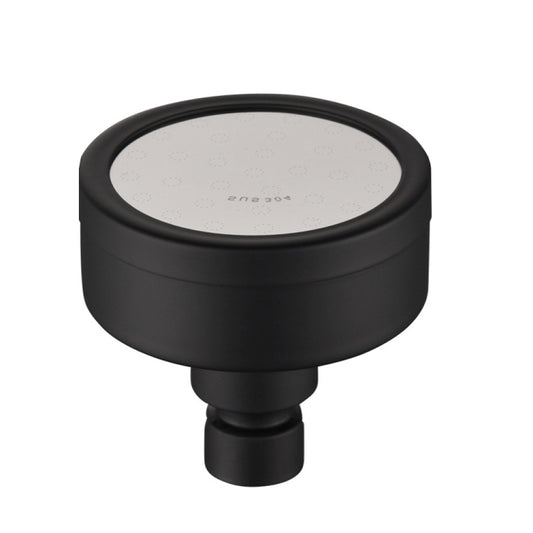 Round pressurized shower head, black finish, with circular spray face and outlet