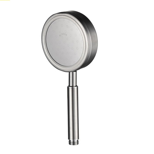 Round stainless steel handheld shower head with flat face and spray nozzles