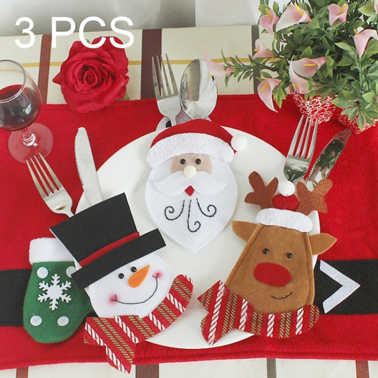 Set of 3 Christmas cartoon cutlery holders: Santa, snowman, reindeer felt pockets