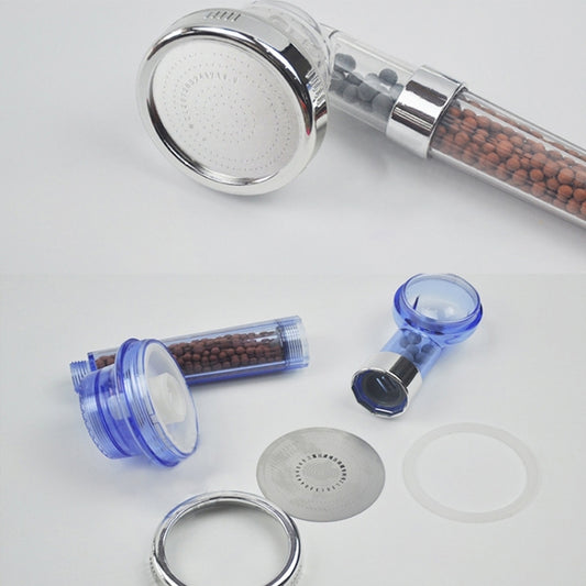 Large PC shower head with clear barrel, blue components, and removable inner covers