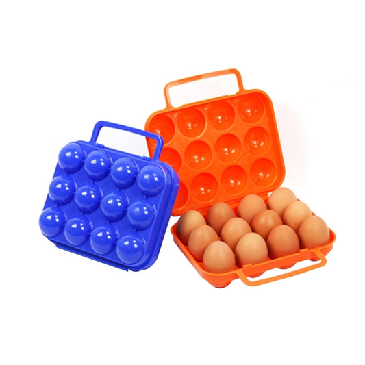 Portable 12-egg egg storage case with handle; orange base holds eggs, hinged blue lid