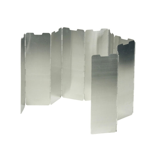 Silver folding stove windshield with extended side panel and edge tabs