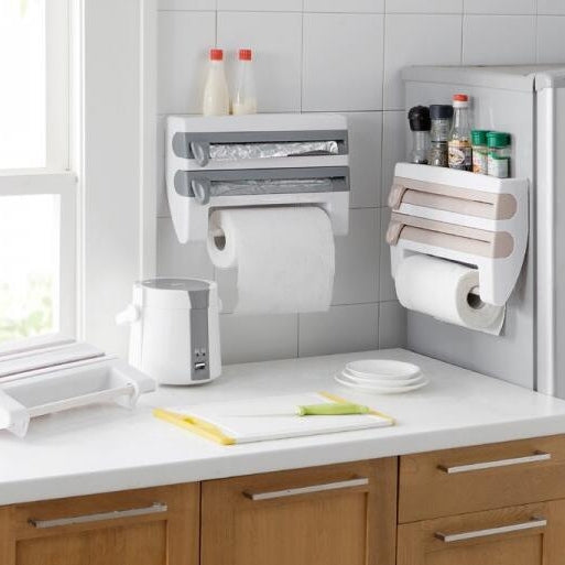 Grey wall-mounted cling film holder with two cutter bars and paper towel roll