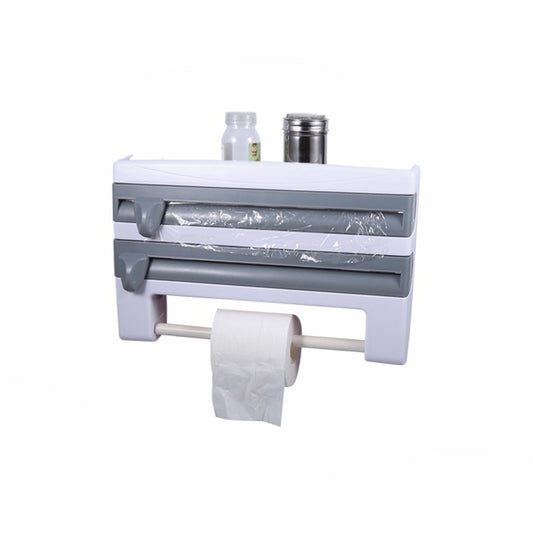 Grey wall-mounted cling film dispenser with cutter bars and roll holder