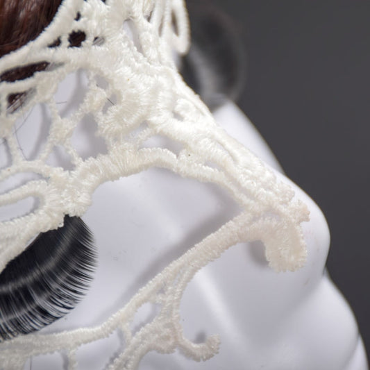 White lace semi-eyed masquerade mask close-up with embroidered swirls and mesh