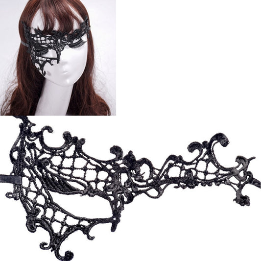Black semi-eyed lace masquerade mask with ornate floral trim and eye cutouts