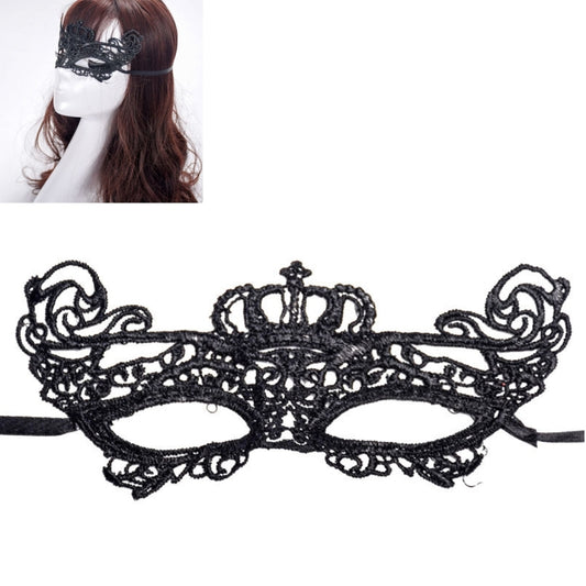 Black lace masquerade eye mask with ornate filigree crown design