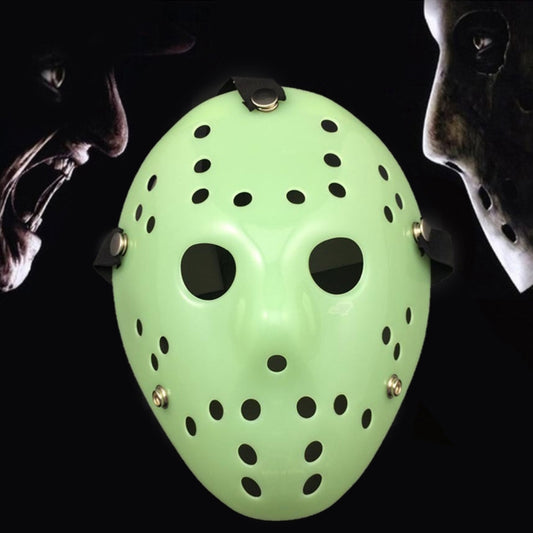 Fluorescent green Halloween Jason-style mask with black eye holes and dotted holes