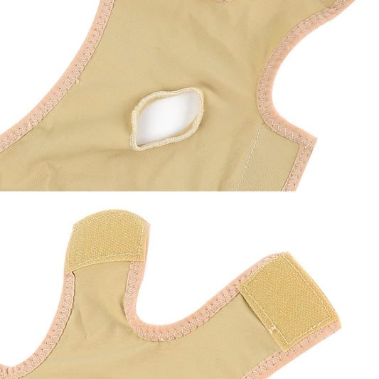 Flesh-colored double chin mask belt with stitched edges and small neck strap tab