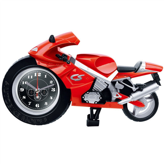 Red motorcycle model alarm clock desk clock with round analog dial and black tire base