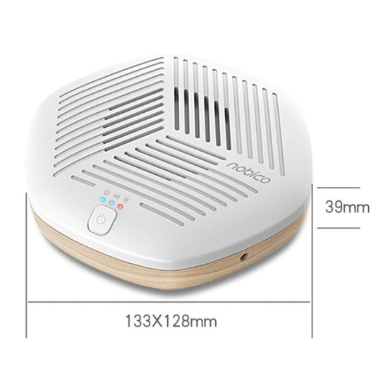 Portable air purifier with white top vent and front power button, wood base included