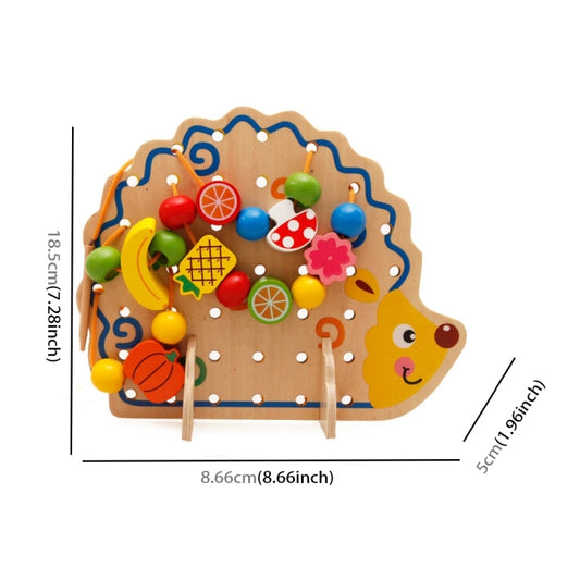 Wooden hedgehog bead board toy, side view with colorful fruit bead pieces