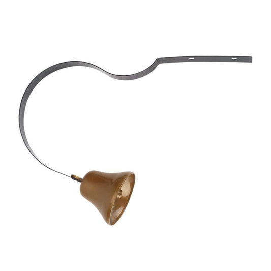 Metal wall bell with curved strap and bronze bell, small mounting tab at end
