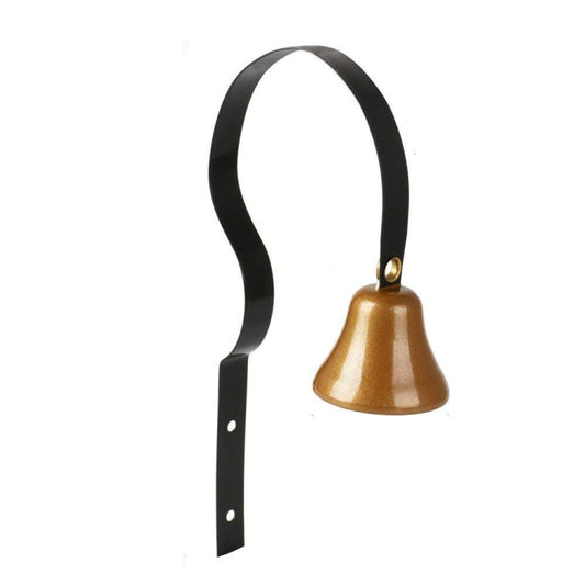 Metal wall bell with black mounting strap and bronze bell, rounded clapper top
