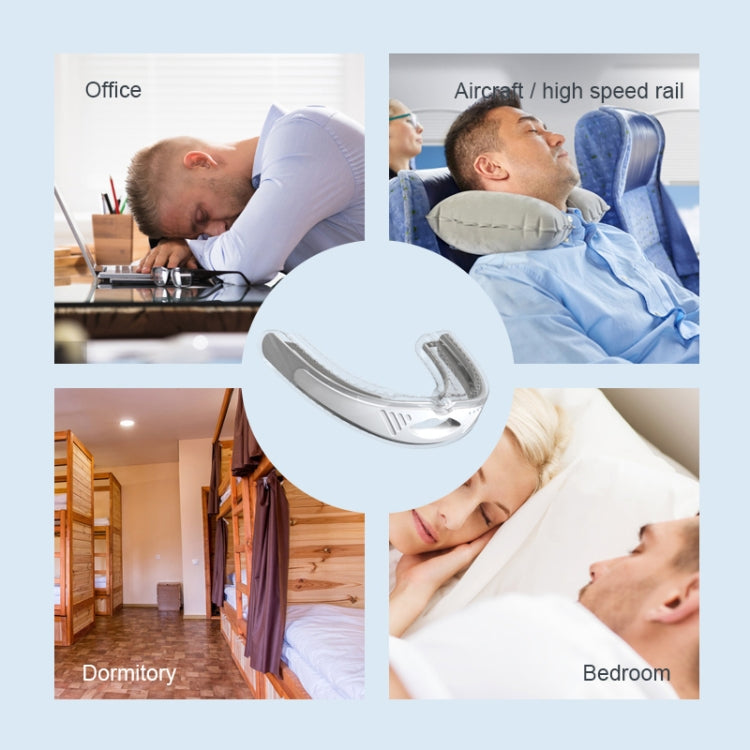 White anti-snoring mouthpiece device with U-shaped silicone design, shown centered