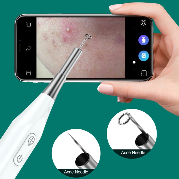 Handheld ear pick endoscope showing skin close-up on smartphone screen