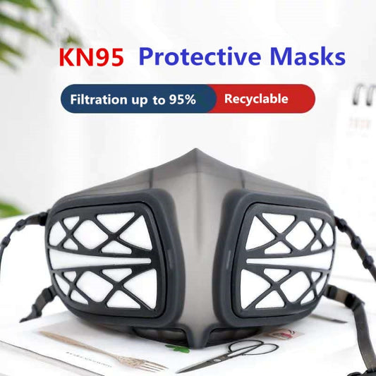 Gray reusable KN95 respirator mask with two front filter panels and head straps