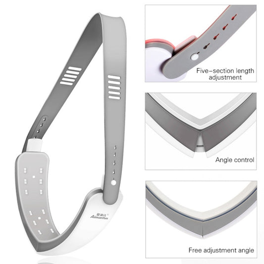 Adjustable V-face lift belt with segmented strap and control buttons on gray body